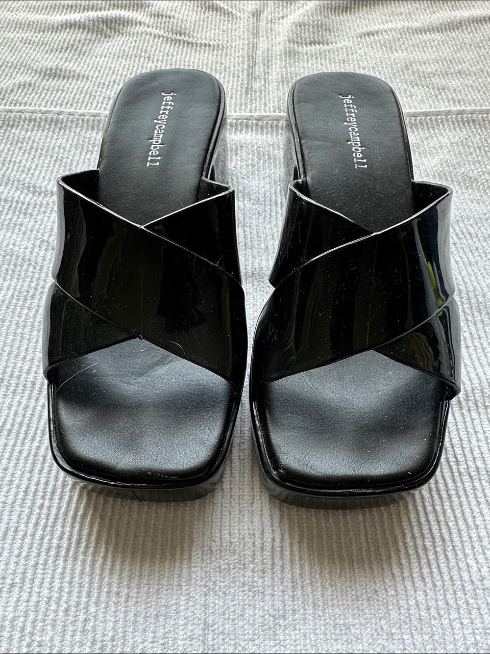 Jeffrey Campbell Black Patent Crisscross Slip-On Mules